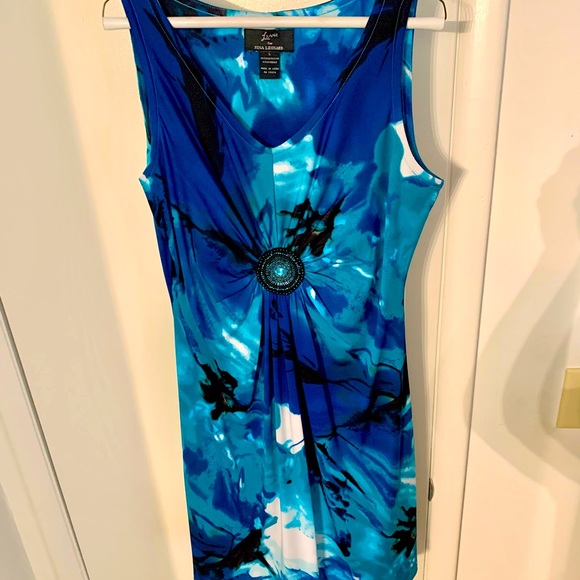 Sleeveless midi Dress size Large Blue & turquoise marbled print - Picture 2 of 11